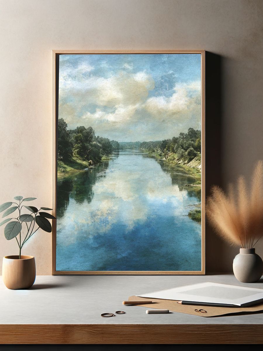 River Landscape Watercolor Print. — room view 2