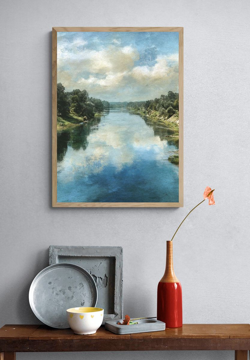 River Landscape Watercolor Print. — room view 3