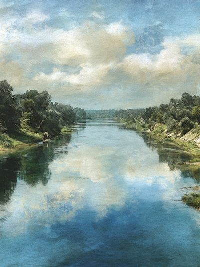 River Landscape Watercolor Print. poster