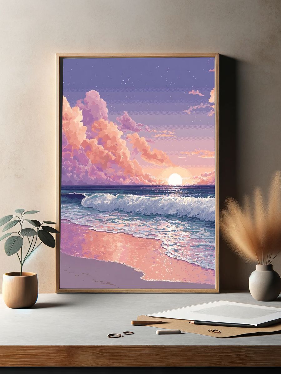 Pastel Ocean Sunset Digital Art Poster. — room view 2