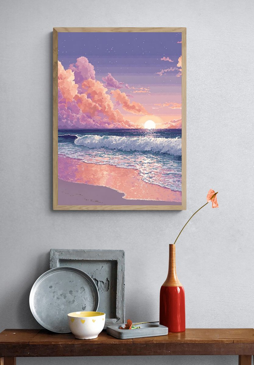 Pastel Ocean Sunset Digital Art Poster. — room view 3