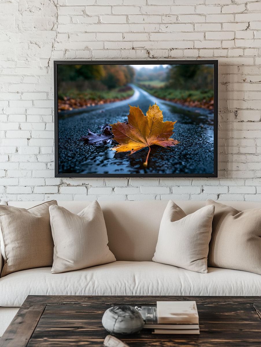 Autumn Maple Leaf Road Print. — room view 1