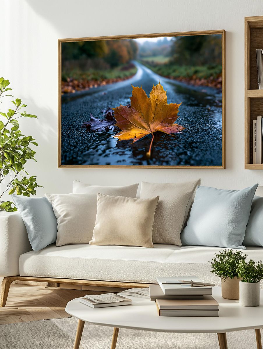 Autumn Maple Leaf Road Print. — room view 2