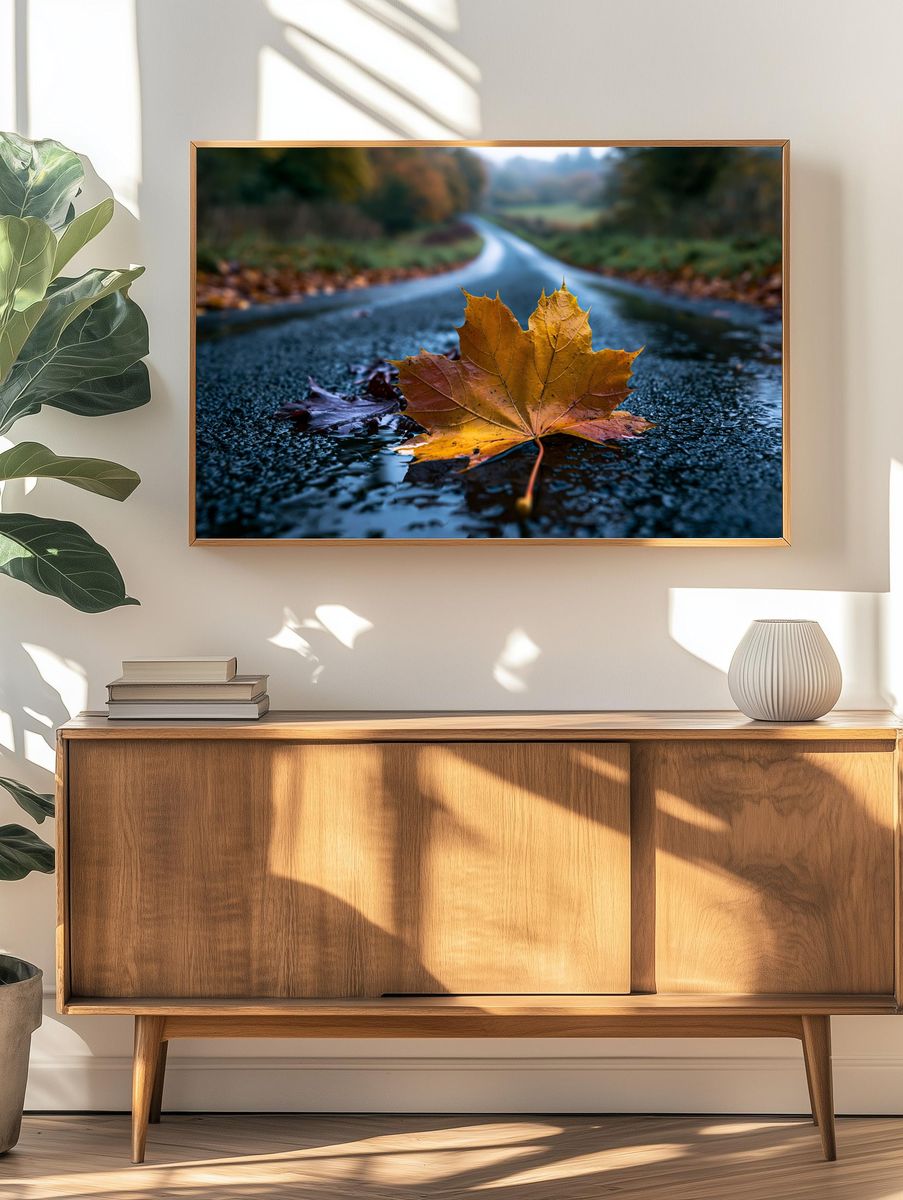 Autumn Maple Leaf Road Print. — room view 3