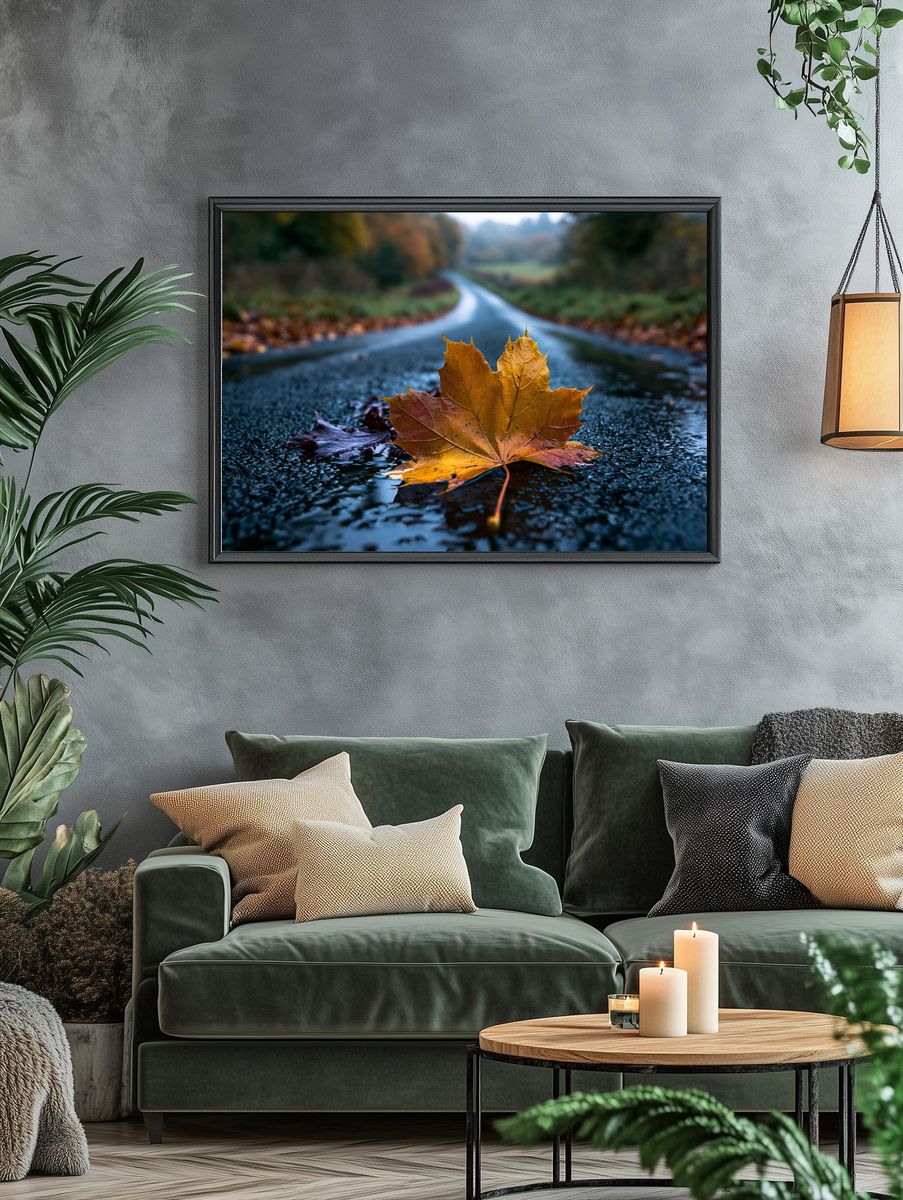 Autumn Maple Leaf Road Print. — room view 4