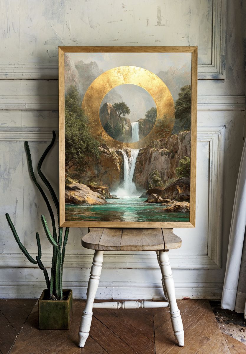 Golden Waterfall Landscape Print. room preview