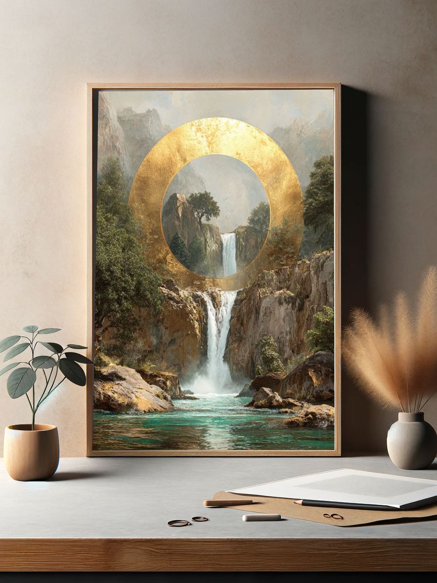 Golden Waterfall Landscape Print. — room view 2