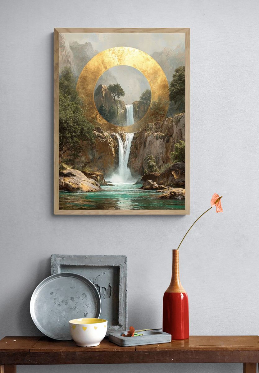 Golden Waterfall Landscape Print. — room view 3