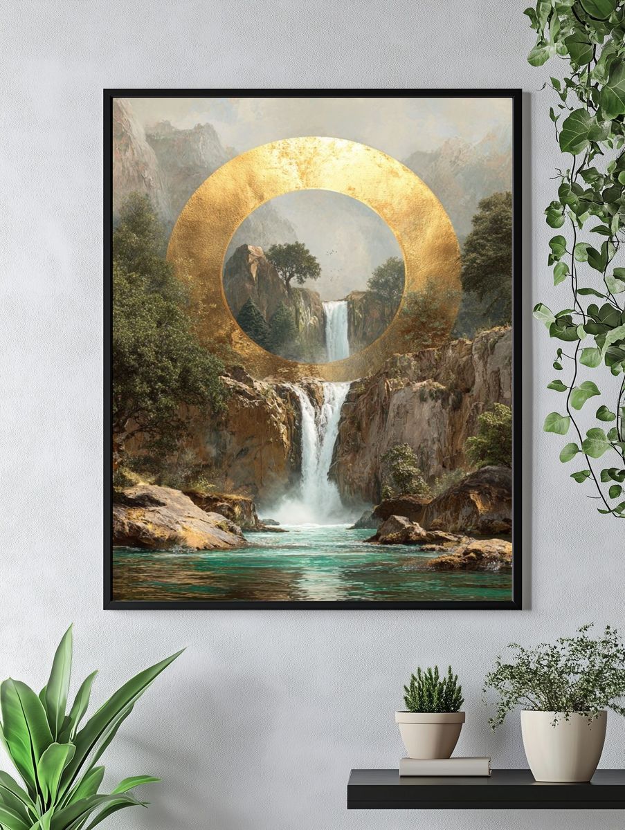 Golden Waterfall Landscape Print. — room view 4