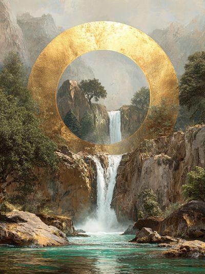 Golden Waterfall Landscape Print. poster