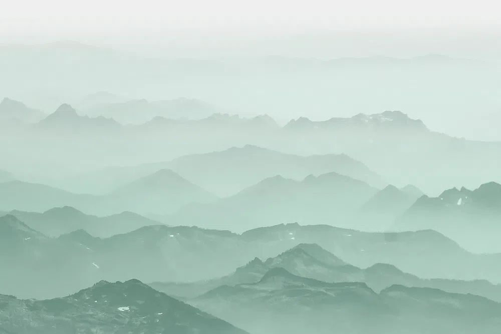 Green mountains background, misty landscape. poster detail