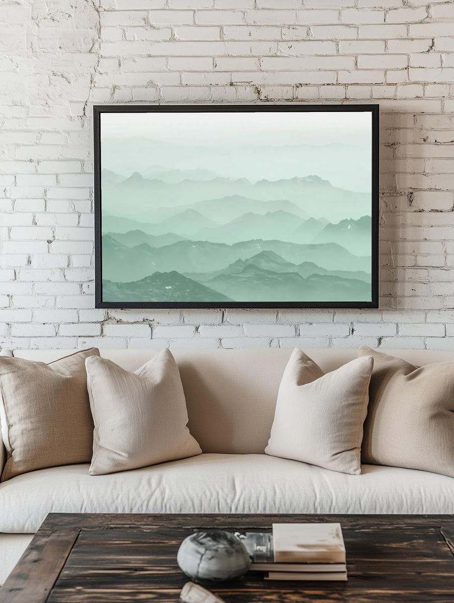 Green mountains background, misty landscape. room preview