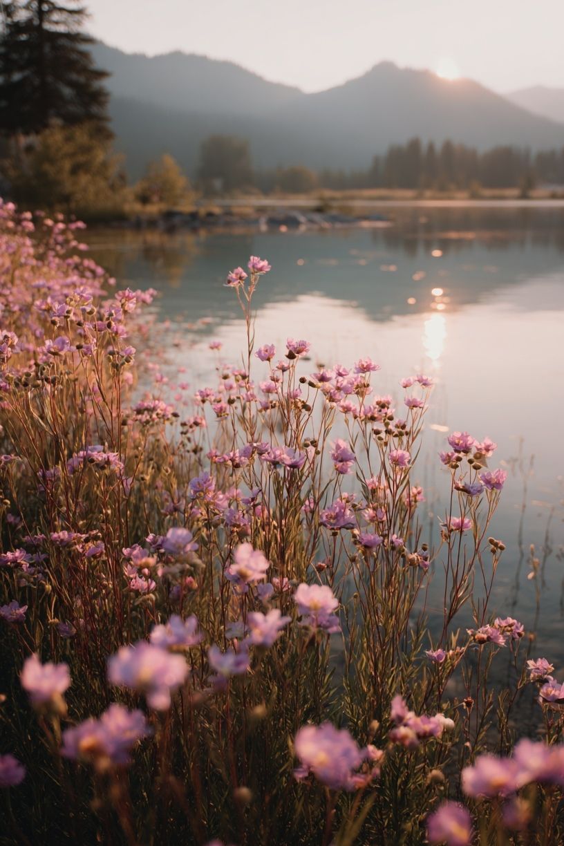 Misty Wildflowers at Sunrise Poster. poster — nature art