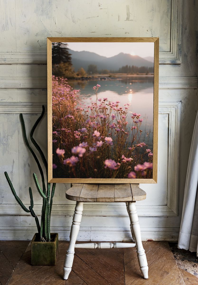 Misty Wildflowers at Sunrise Poster. room preview