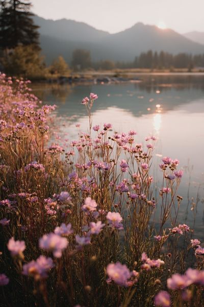Misty Wildflowers at Sunrise Poster. poster