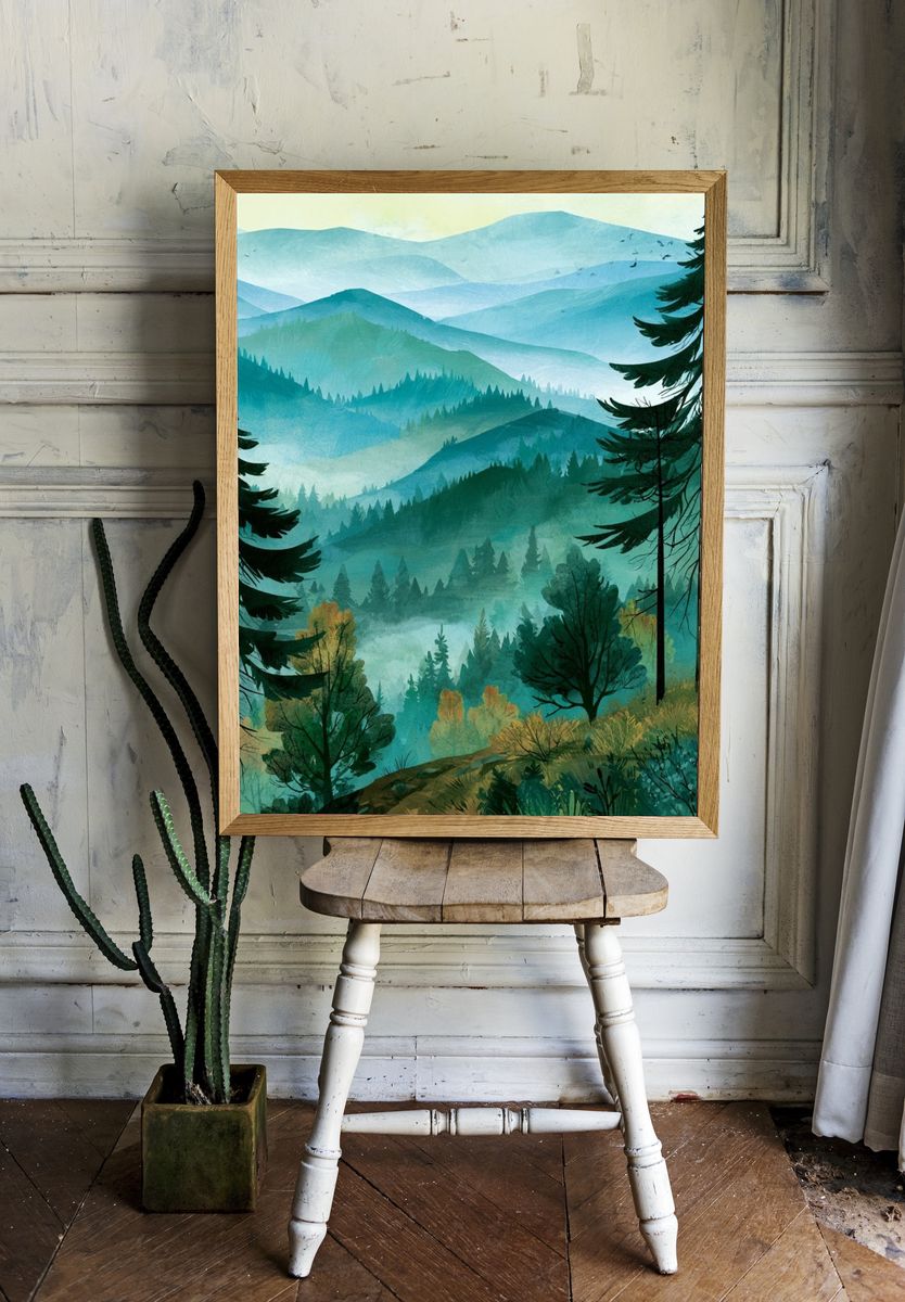 Misty Pine Forest Landscape Print. — room view 1