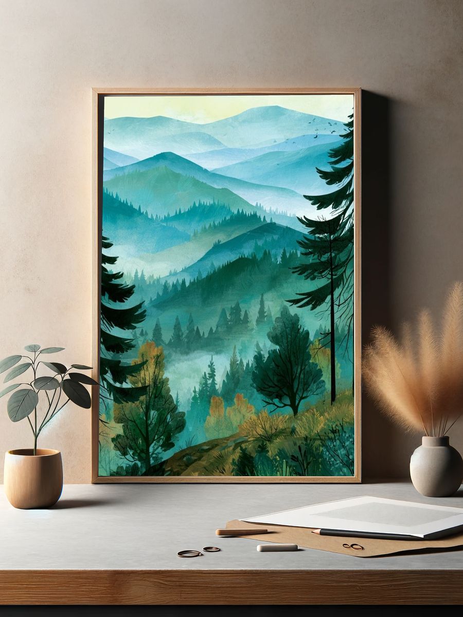 Misty Pine Forest Landscape Print. — room view 2