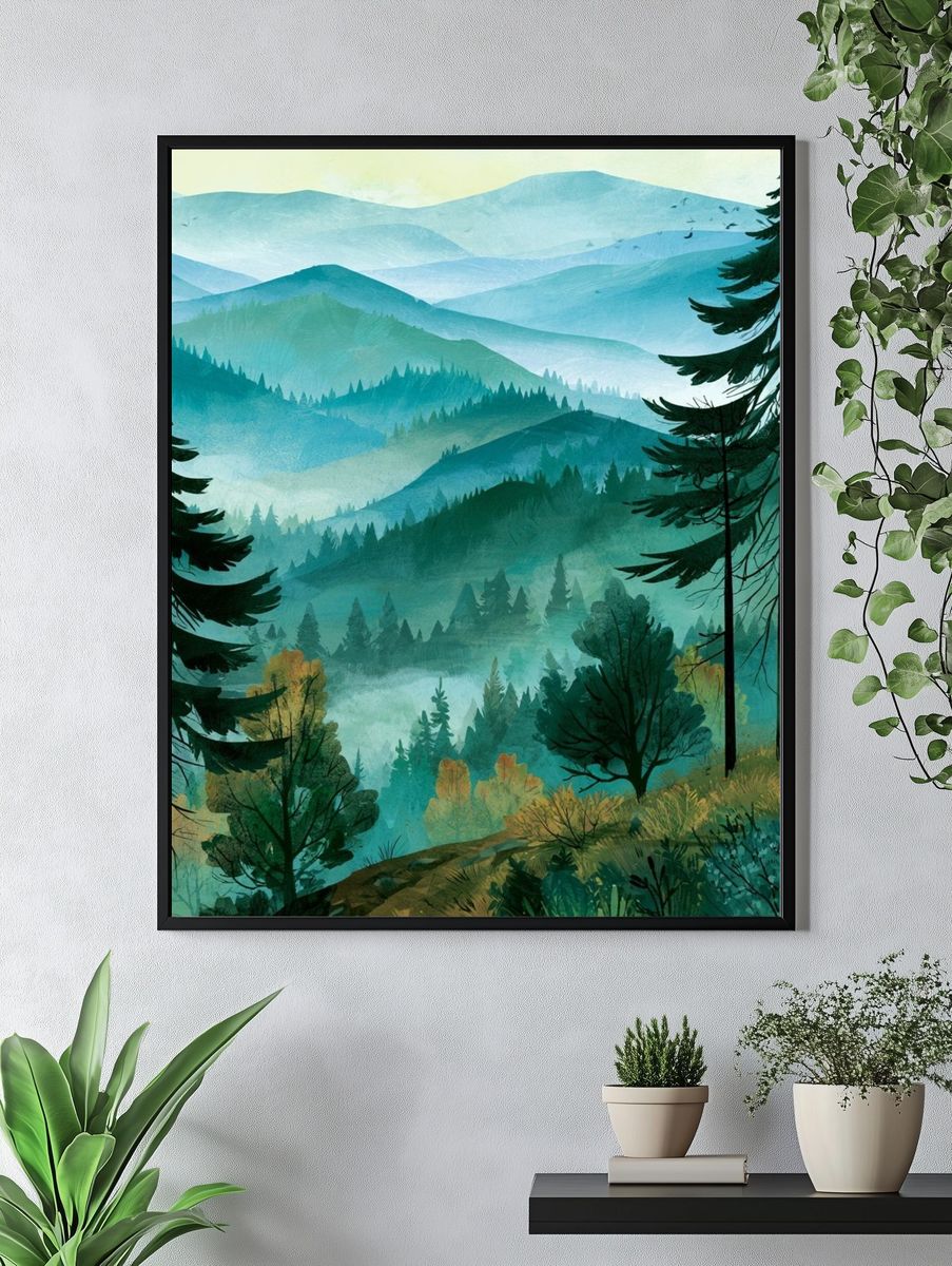 Misty Pine Forest Landscape Print. — room view 4