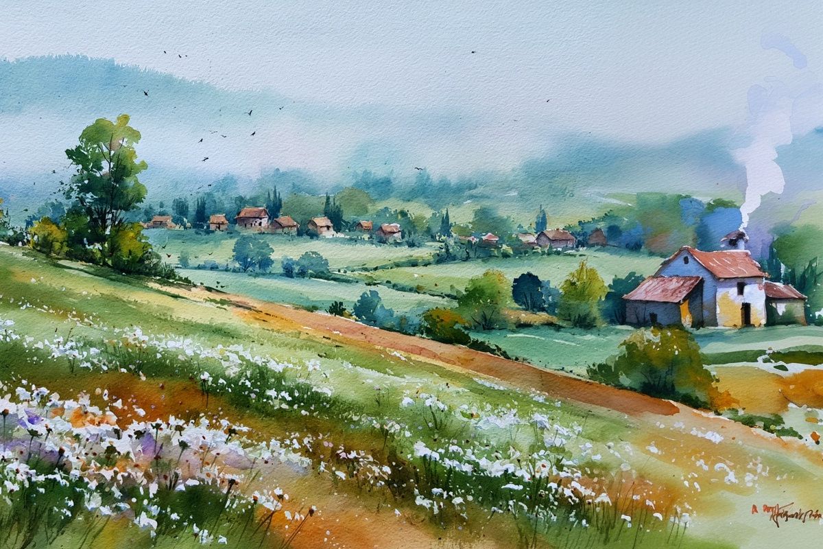 Misty Countryside Watercolor Poster. poster detail