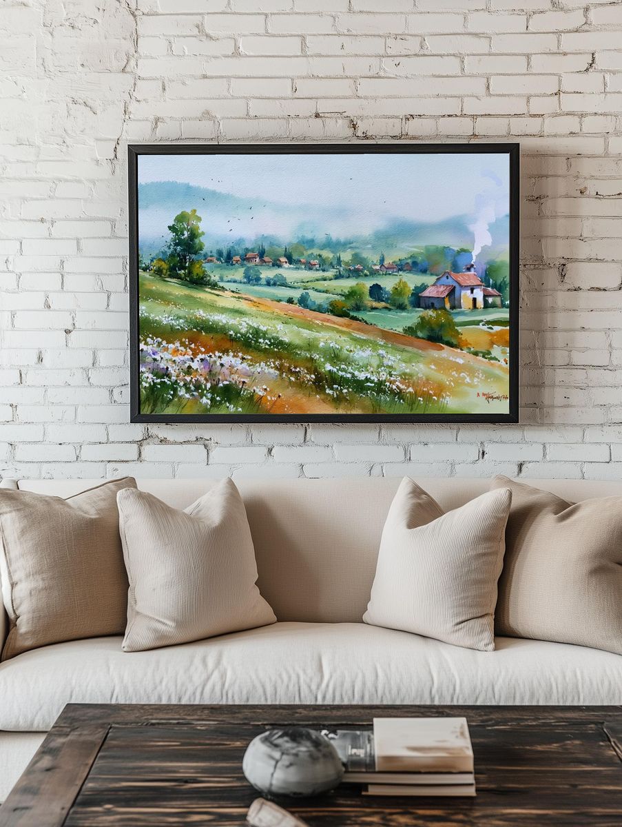 Misty Countryside Watercolor Poster. room preview