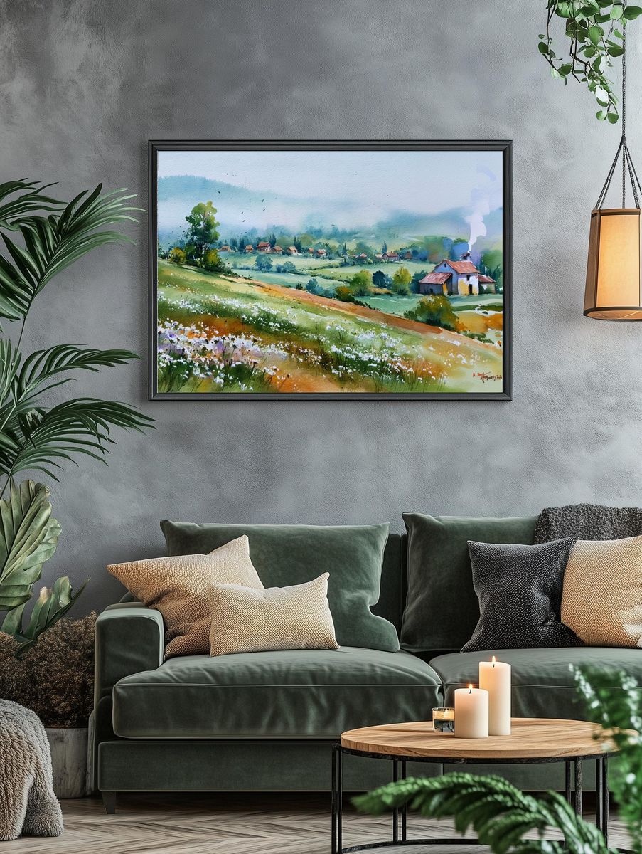 Misty Countryside Watercolor Poster. — room view 4