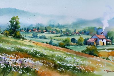 Misty Countryside Watercolor Poster. poster