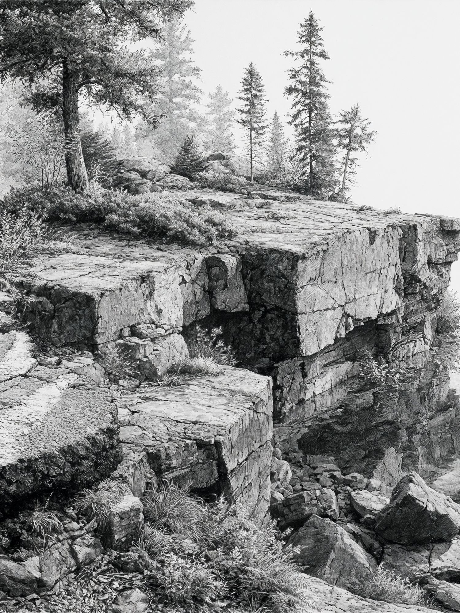 Rocky Cliff Forest Landscape Print. poster — nature art
