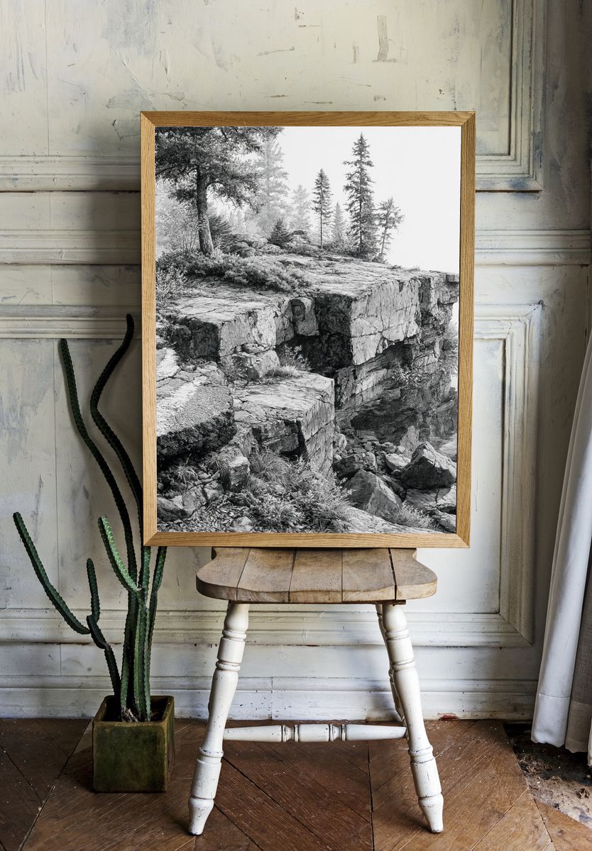 Rocky Cliff Forest Landscape Print. — room view 1