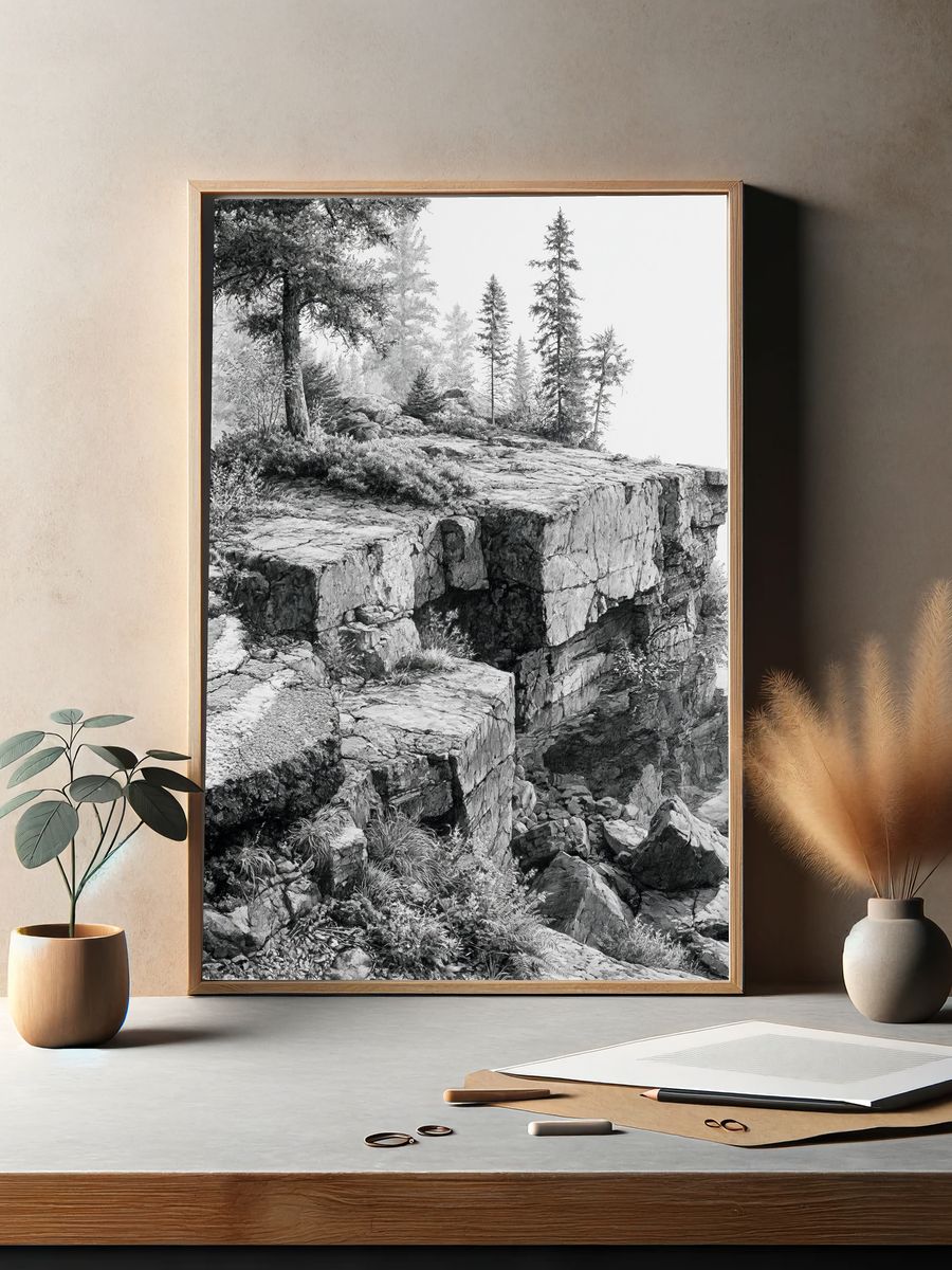 Rocky Cliff Forest Landscape Print. — room view 2