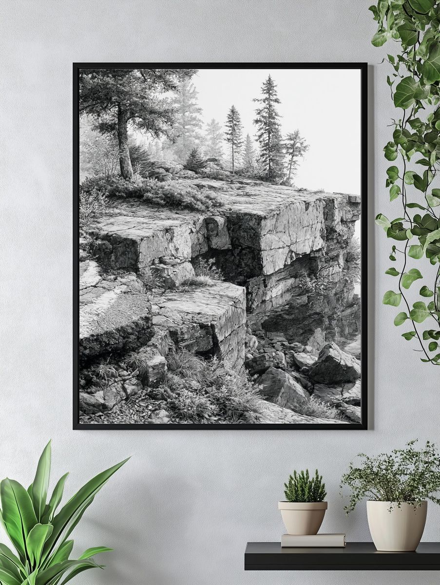 Rocky Cliff Forest Landscape Print. — room view 4