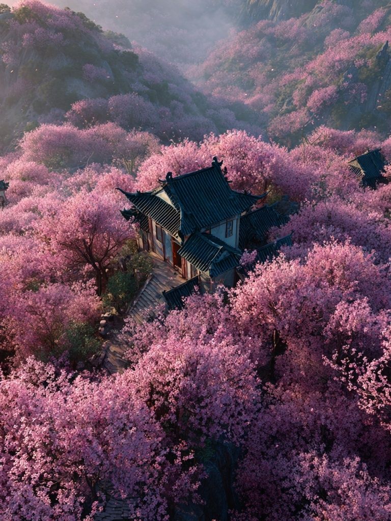 Cherry Blossom Temple Landscape Poster. poster detail