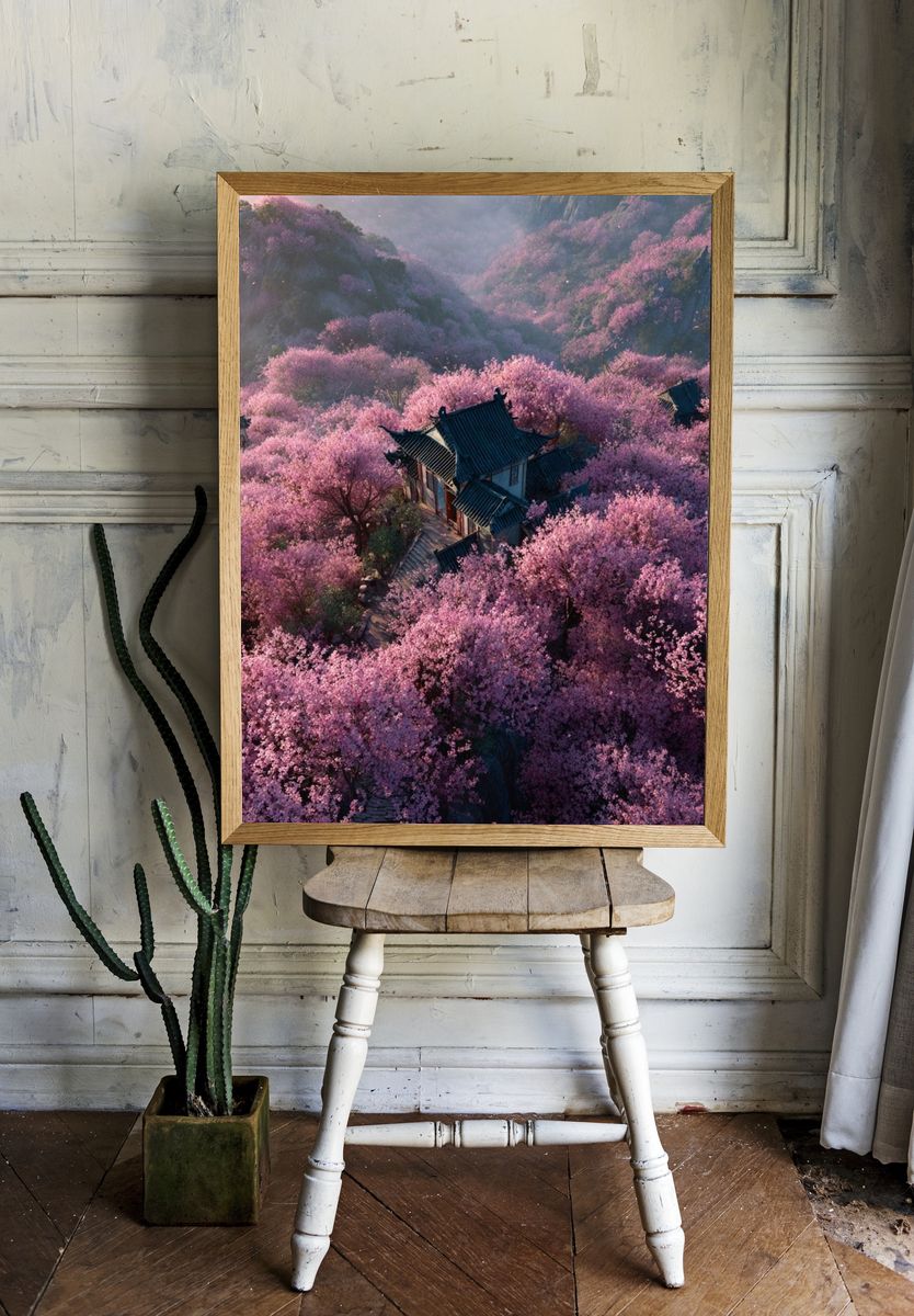 Cherry Blossom Temple Landscape Poster. — room view 1