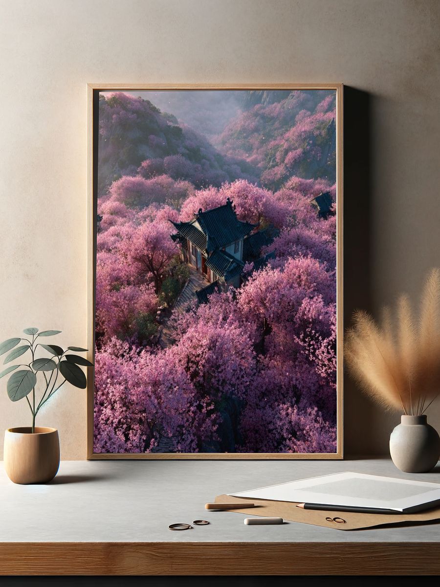 Cherry Blossom Temple Landscape Poster. — room view 2