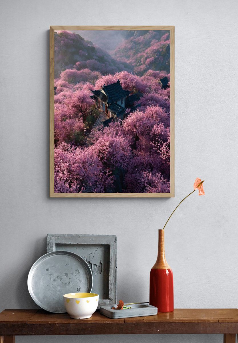 Cherry Blossom Temple Landscape Poster. — room view 3