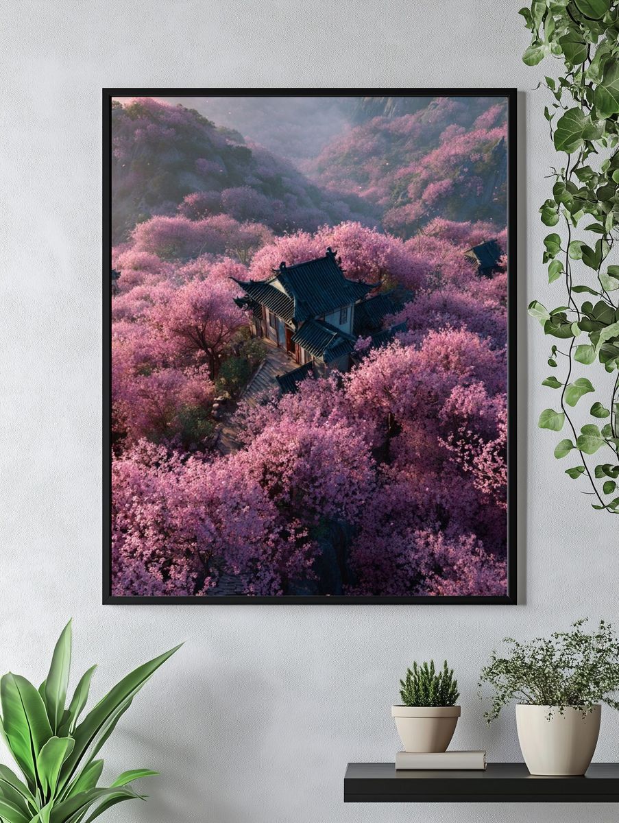 Cherry Blossom Temple Landscape Poster. — room view 4