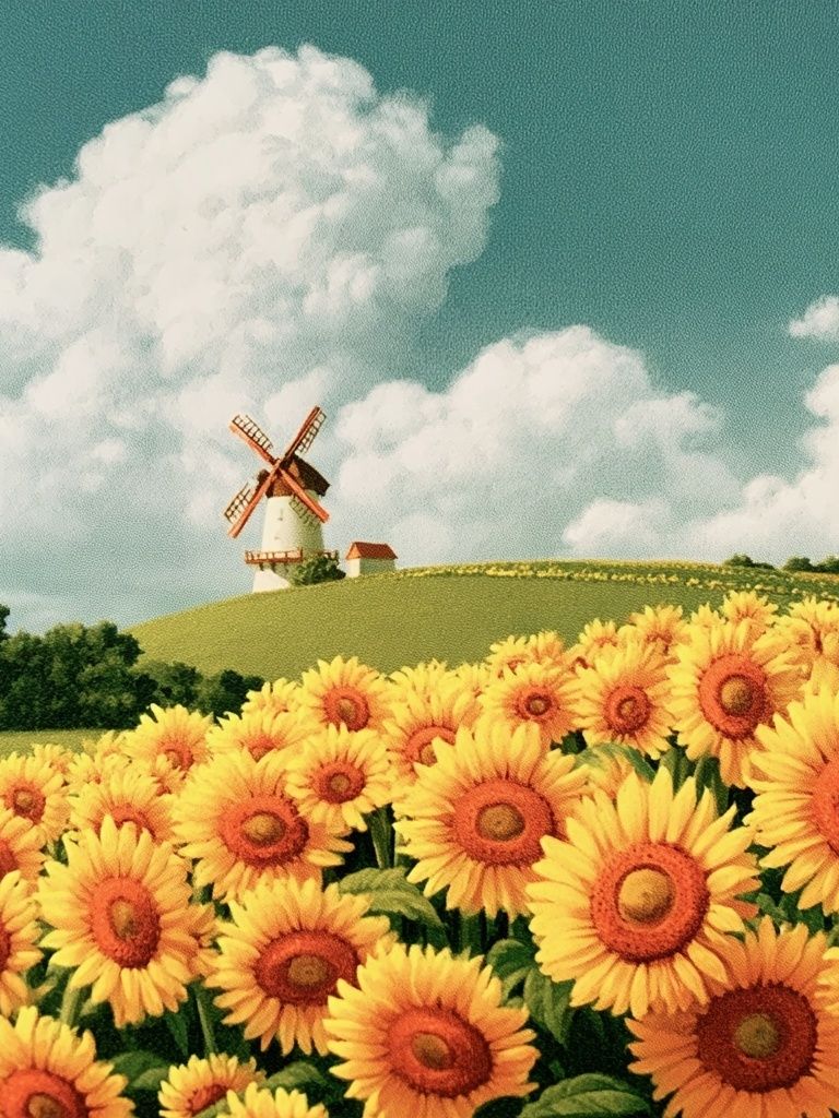 Sunflower Field and Windmill Print. poster detail