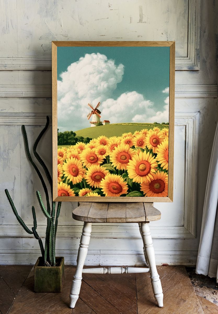 Sunflower Field and Windmill Print. room preview