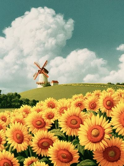 Sunflower Field and Windmill Print.