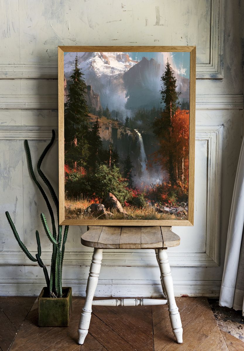 Autumn Mountain Waterfall Print. room preview