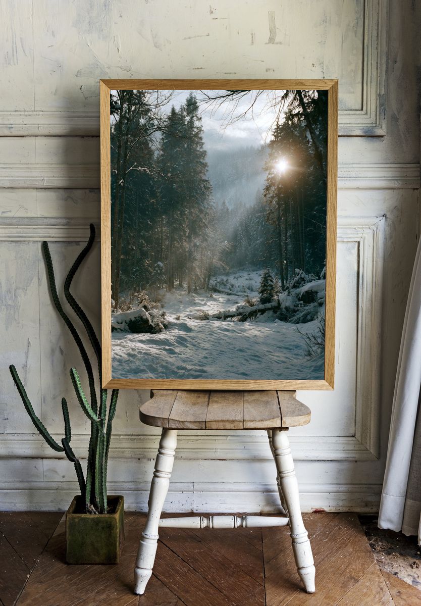 Snowy Forest Sunrise Poster. — room view 1