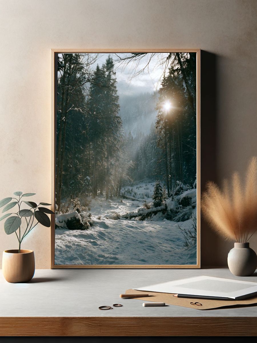 Snowy Forest Sunrise Poster. — room view 2