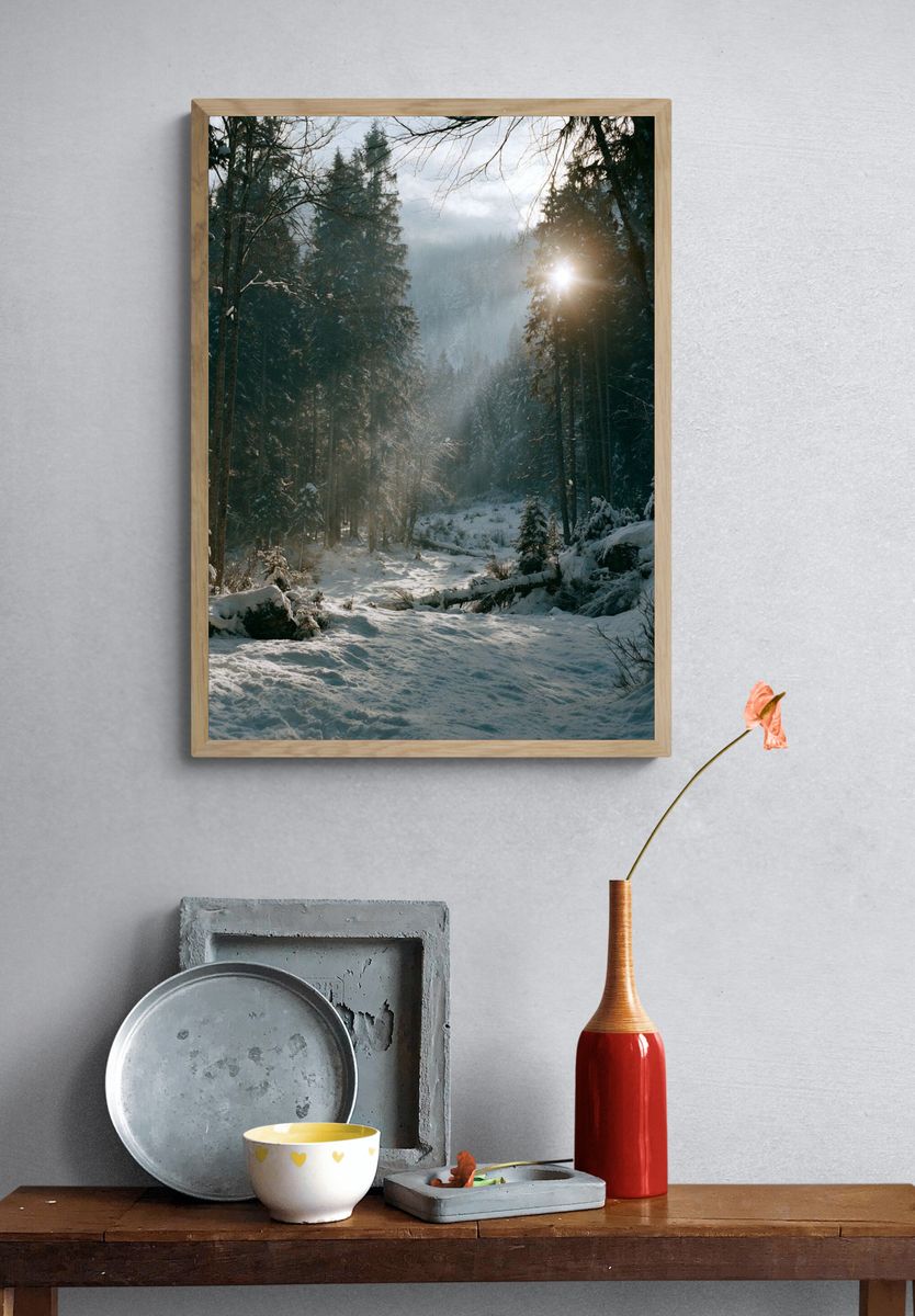 Snowy Forest Sunrise Poster. — room view 3