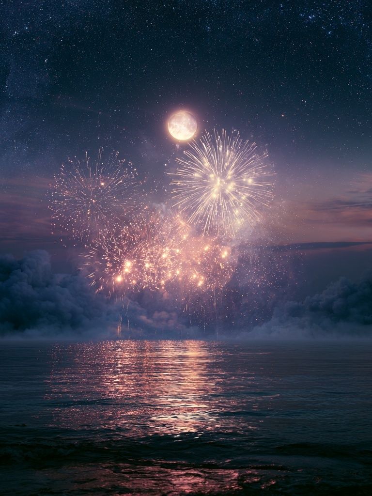 Moonlit Fireworks Night Sky Print. poster detail