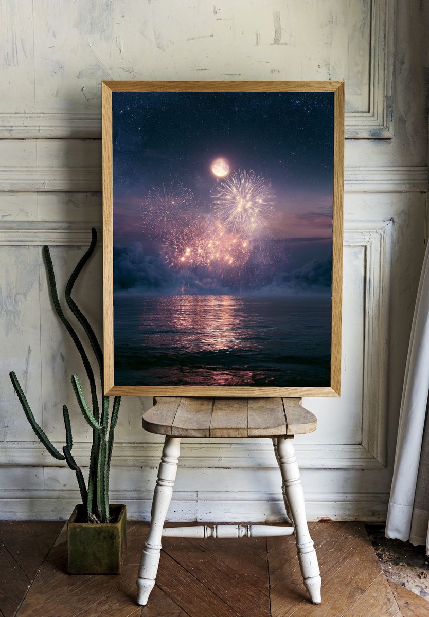 Moonlit Fireworks Night Sky Print. room preview