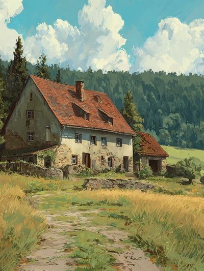 Countryside Cottage Landscape Print. poster