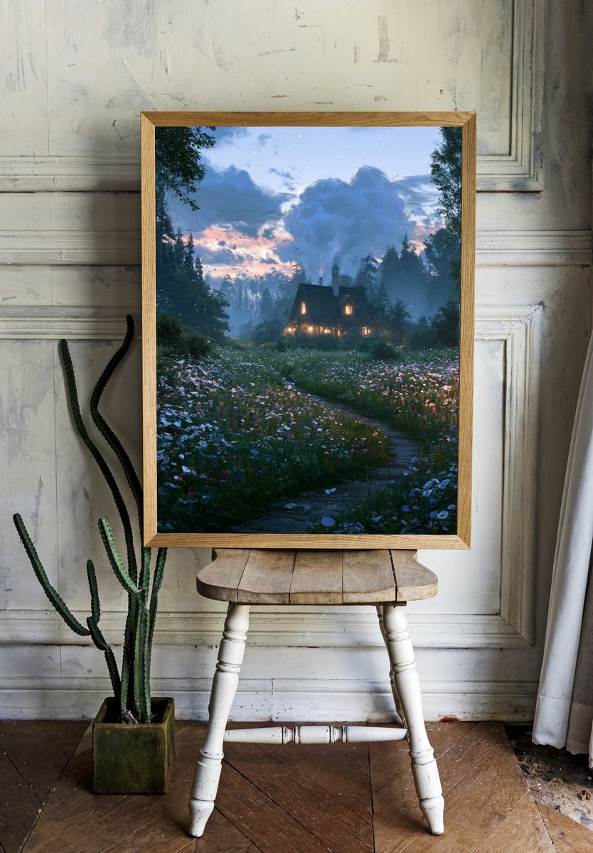 Misty Cottage Meadow Landscape Poster. room preview