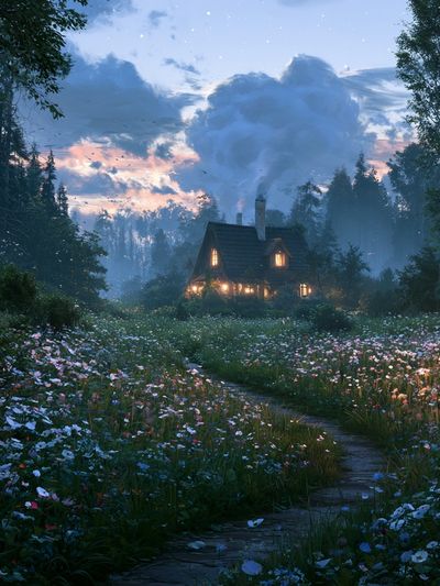 Misty Cottage Meadow Landscape Poster. poster