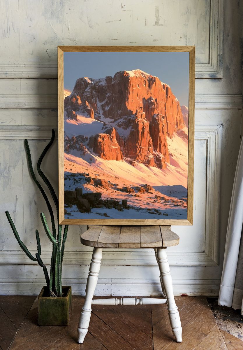 Sunlit Snowy Mountain Landscape Print. room preview
