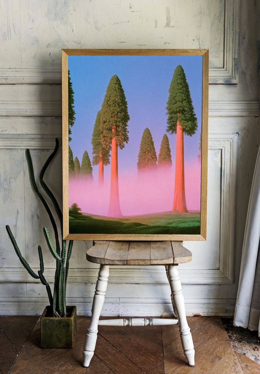 Pink Mist Redwood Forest Print. room preview