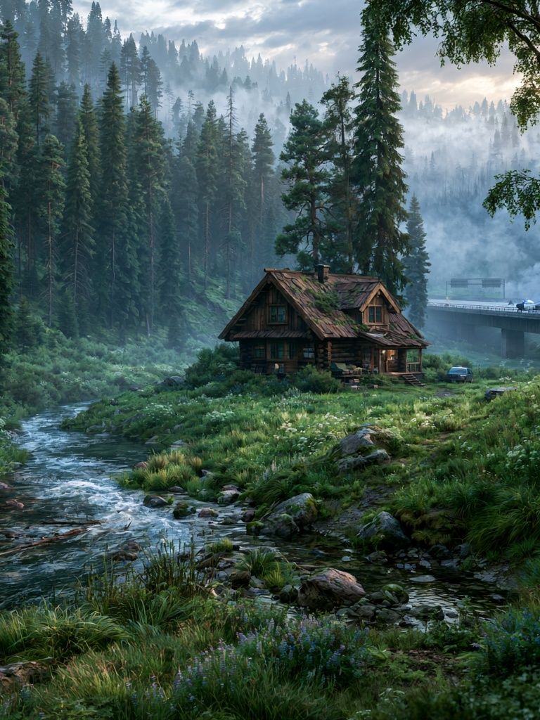 Misty Forest Cabin Landscape Poster. poster — nature art